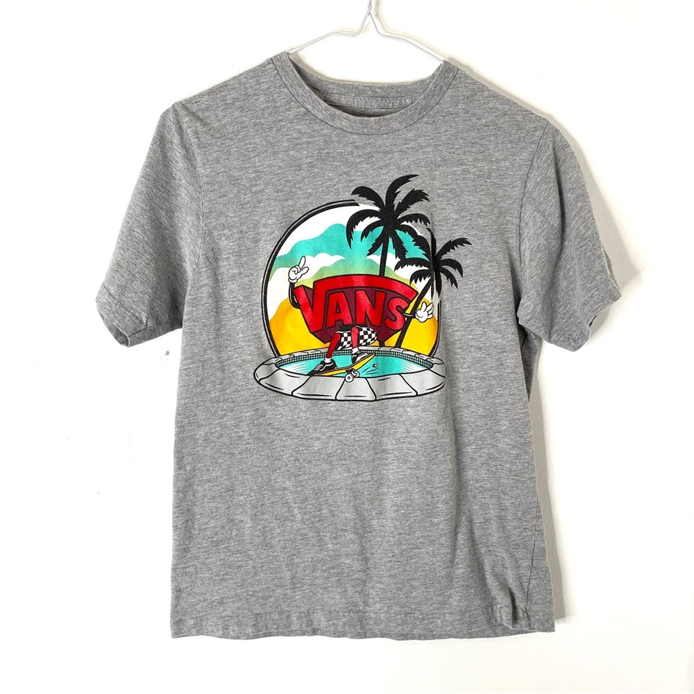 Vans Palm Beach Graphic Grey Crew Neck Tee Logo Sleeve Patch Stretch Cotton